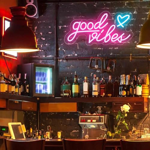 Image of Mothers Day Gifts: Good vibes Neon Sign for Wall -15.7''x 8'' Dimmable Good Vibes LED Light Signs for Bedroom - USB Power Pink Hanging Lighted Up Neon Lights for Room, Office, Party, Salon Decor
