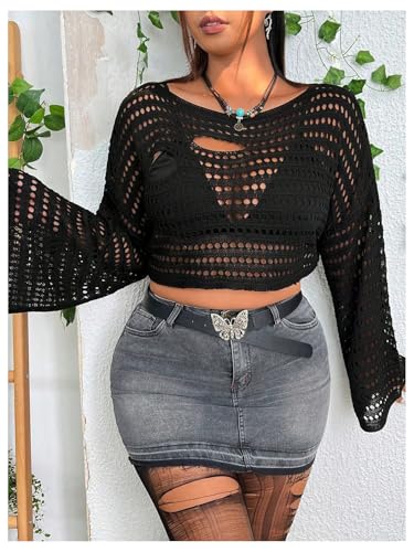 Women's Plus Size Hollow Out Bell Sleeve Crop Sweater Crew Neck Crochet Knit Top4
