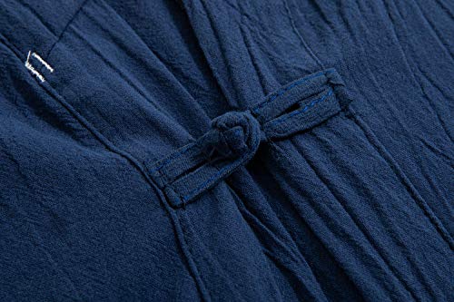 Image of Mens Japanese Kimono Cardigan Cotton Linen Haori Fashion 3 /4 Sleeve Yukata | Shawl Collar Kimono Jacket Robe Embroidery Patchwork Happi Coat Tie Pockets Lightweight Outerwear Daily Casual All Seasons