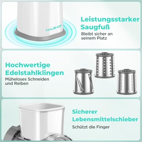 Foto von HAUSHOF Käsereibe mit Kurbel, Trommelreibe für Käse und Gemüse | Gemüseschneider mit 3 Edelstahlklingen, Starker Saugfuß, Reiben, Raspeln und Schneiden