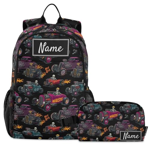 2pcs Hot Rod Baseball Racing Car Custom Name Backpack Sets for Boys Girl Bookbag Checkered Flag Primary Schoolbag Preschool Backpacks Toddler Elementary Students Daypack with Lunch Bag