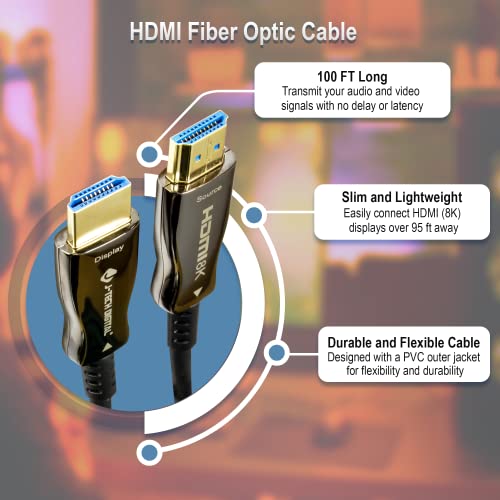 J-Tech Digital 8K Hdmi Cable 100Ft (30M) Fiber Optic Hdmi 2.1, Hdcp 2.3 | 8K 60Hz, 4K 120Hz, 4K 144Hz | Hdr10, Arc, Earc | 48Gbps Ultra High Speed [Jtech-Fcab8K100] #TOP3