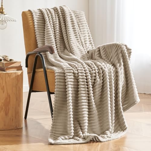 MIULEE Linen Throw Blanket 3D Ribbed Jacquard Fleece Flannel Velvet Plush Decorative Bed Blanket (Throw, 50" x 60") - Super Soft, Lightweight, Warm and Cozy for Couch Sofa
