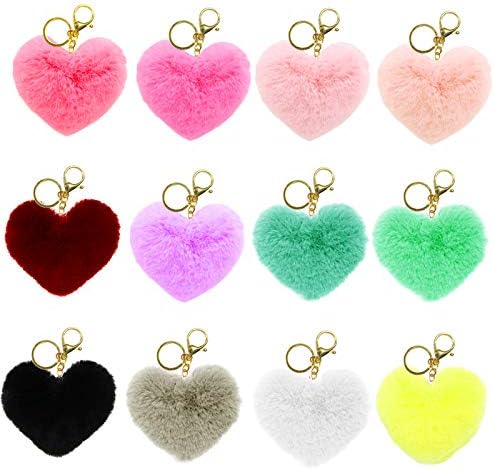 DOITEM Pack of 12 Heart Shape Pompoms Keychain Fluffy Ball Key Chain Artificial Rabbit Fur Pompoms Keyring for Girls Women, multicoloured, 2