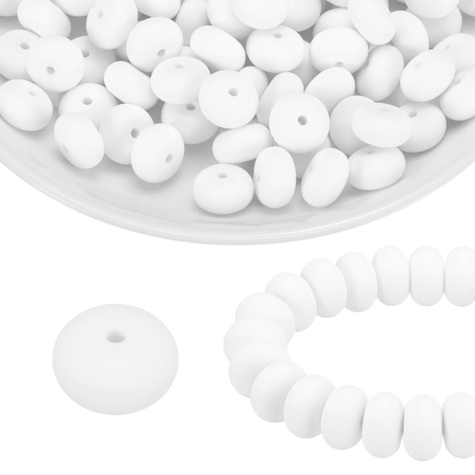 sourcing map 110Pcs Silicone Beads 14mm Lentil Rubber Focal Beads Bulk for Pens Keychain Bracelet Necklace DIY Crafts Making, White