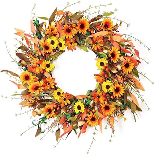 SOMYTING Fall Wreath Artificial Floral Wreath, Autumn Harvest Wreaths Orange Yellow Daisy Flower Wreath Berry Wreath Autumn Wreath for Front Door Thanksgivings Halloween Decoration Indoor Outdoor