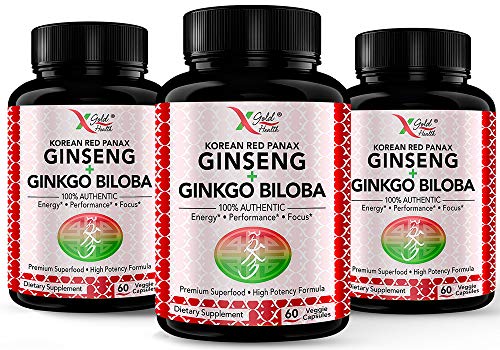 Korean Red Panax Ginseng 1200mg + Ginkgo Biloba (Pack of 3) - Extra Strength Root Extract Powder Supplement w/High Ginsenosides Vegan Capsules for Energy, Performance & Focus Pills for Men & Women