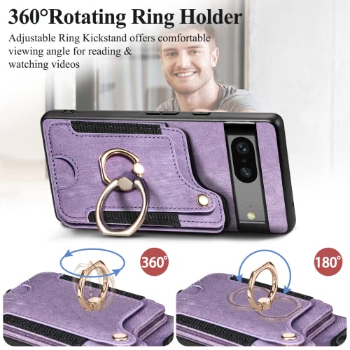 Atatoo Case For Google Pixel 7A, Built-In Credit Card Holder & Rfid Blocking & Grip Ring Stand & Adjustable Wristlet Strap, Durable Leather Wallet Phone Cover Case For Pixel 7A 5G 2023-Purple #TOP4