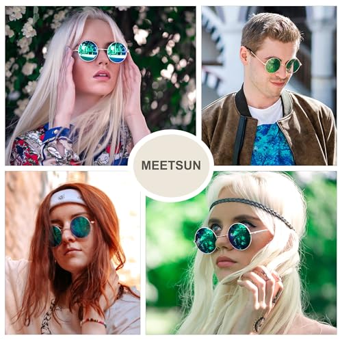 Image of MEETSUN Small Round Polarized Sunglasses for Men Women UV400 Metal Frame | Retro hippie circle sun glasses, for driving costume, party accessories, lightweight, stress-free fit, spring hinges
