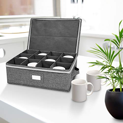 Popoly Cup And Mug Storage Box, China Storage Containers Chest With Zipper Lid And Handles, Holds 12 Coffee Mugs And Tea Cups, Hard Shell And Stackable(Grey) #TOP4