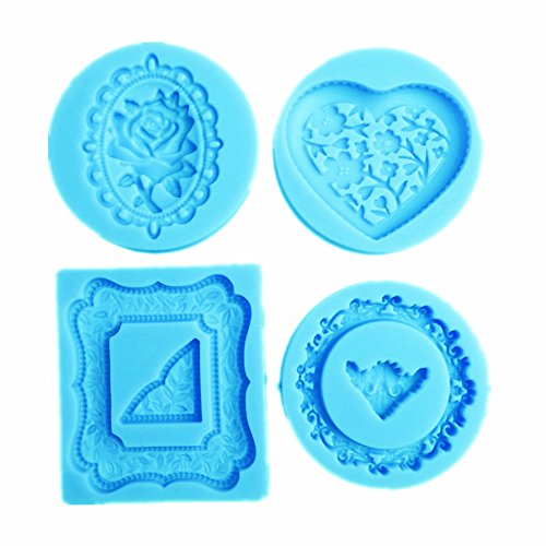 YunKo 4 Pack Heart Rose Round Mirror Frames Silicone Molds Fondant Cake Decoration Molds