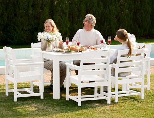 Image of SERWALL 59 inch HDPE Patio Dining Set for 6, w / 1 Table & 6 Armchairs, White