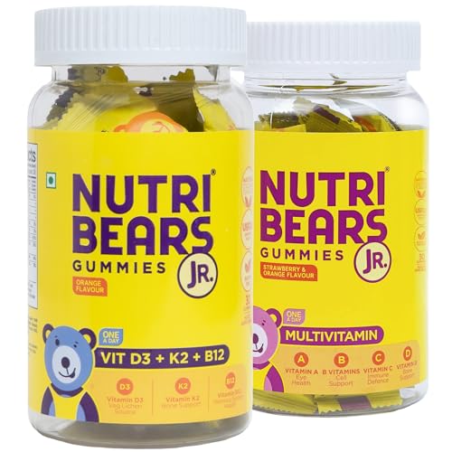Image of NutriBears Kids Multivitamin and Vitamin D3 + K2 + B12 Gummies Combo Pack, Vitamins A, C, B, and D with Zinc, 300 IU Vitamin D3 Per Gummy Promotes Positive Mood and Enhances Calcium Absorption, 60 Gummy Bears, 2-Pack