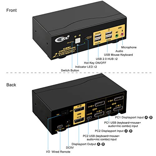 Image of CKL KVM Switch Dual Monitor DisplayPort 2 Port 4K 60Hz 4:4:4, 2x2 DP KVM Switch with Audio and USB 2.0 HUBs (CKL-622DP)