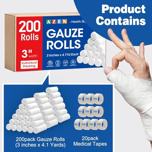 Image of AZEN 200 Pack Gauze Rolls Bandages, 3 in x 4.1 Yards, First Aid Supplies & Premium Medical Supplies, Bandage Wrap Vet Wrap