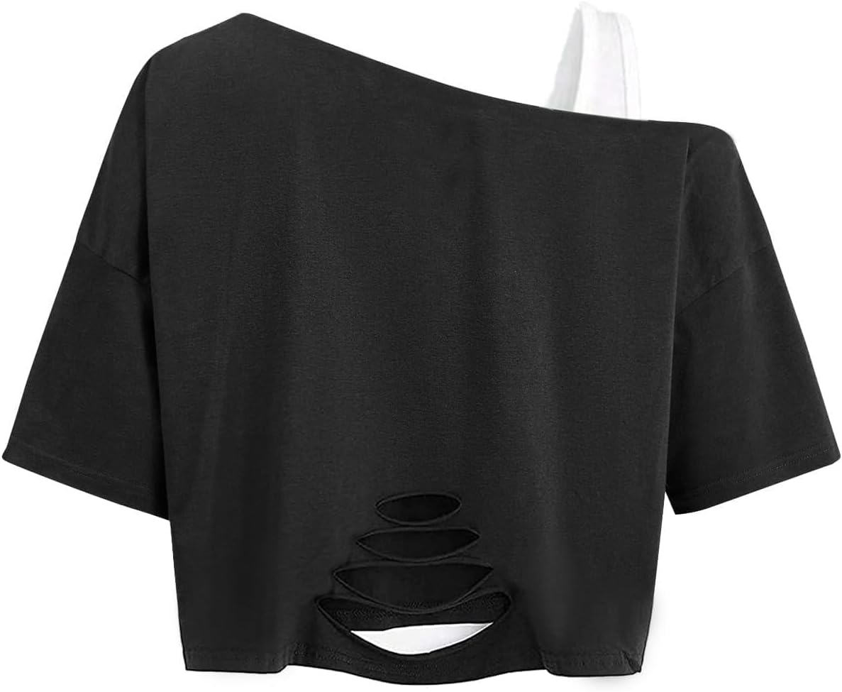 Remidoo Womens Off The Shoulder T Shirt Short Sleeve Crop Top Loose Tee Distressed Ripped Shirts - Image 4