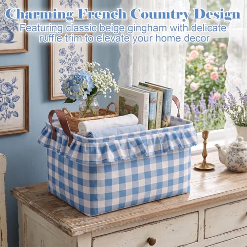Image of Boao 1 Pcs Blue Ruffled Gingham Canvas Basket, Rectangular Organizing Decorative Storage Basket with Handle, Cute Farmhouse Home Decor for Nursery Room Bathroom Living Room