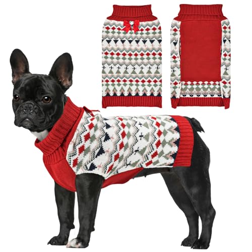 LyssKMK Dog Argyle Christmas Sweater Puppy Turtleneck Knitwear with Red Bow Outfits Cold Weather Warm Clothes Sweater for Small Dog S
