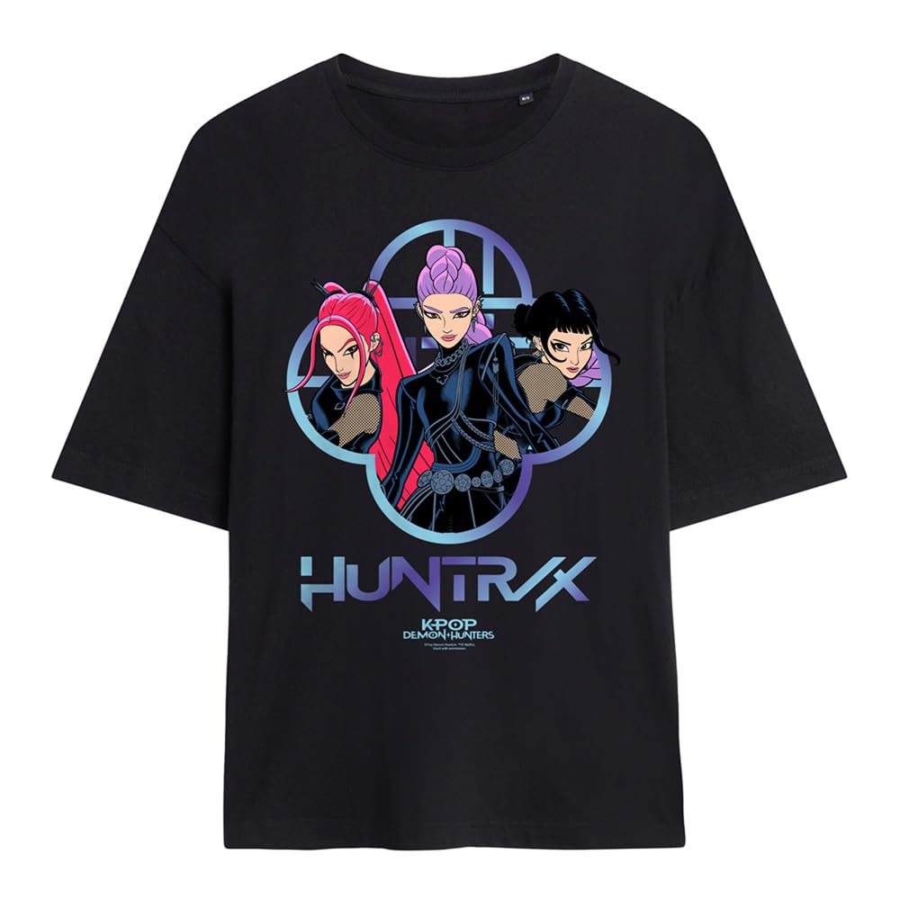 Kpop Demon Hunters Huntrix Girls Logo Ladies Oversized T Shirt, Black, Small