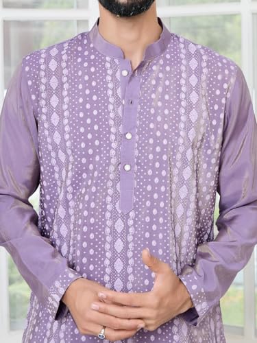 Image of See Designs Men's Full Sleeve Mandarin Collar Embossed Printed Cotton Chanderi Straight Long Kurta with Pyjama - Festive Collection
