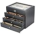 TIMELYBUYS 24 Piece Large Black Carbon Fiber Eyeglass Sunglass Storage Organizer Four Level Glasses Display Case with Three Drawers and Glass Top