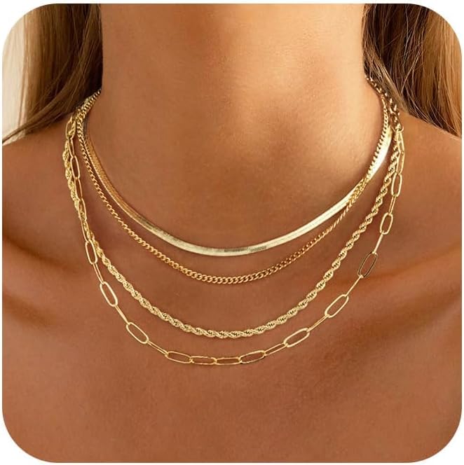 MFRYK Gold Necklaces Stack For Women,14K Gold Plated Simple Layered Choker Necklaces For Women,Stackable Multilayer Gold Rope Cuban Herringbone Snake Paperclip Chain Layering Necklace Set Jewelry Gift