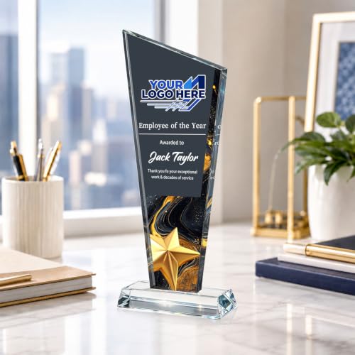 Image of Custom Crystal Trophy Award Personalized Plaque Award with Text Logo Photo Awards Trophies for Employee Recognition Team Graduation Personalized Office Gifts for Boss Coworker Teacher