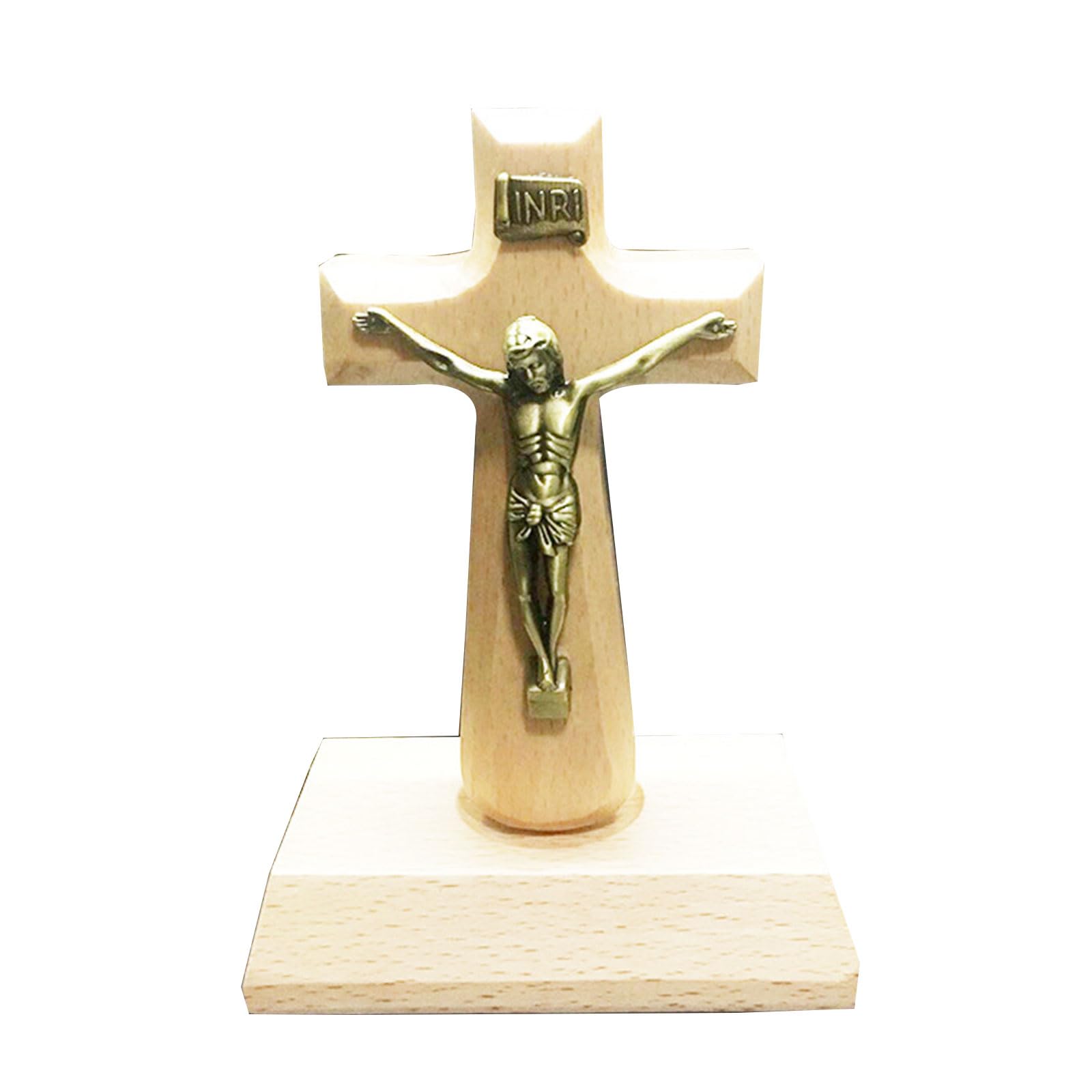 Hsioluted Carving Wooden Pedestal for Cross Table Decor Religious Favor Standing Crucifix with Base 4.7x2.5in Wood Standing Cross