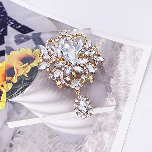 Image of LAXPICOL Wedding Bridal Big Brown Crystal Rhinestone Bouquet Brooch Pin for Women Golden Tone