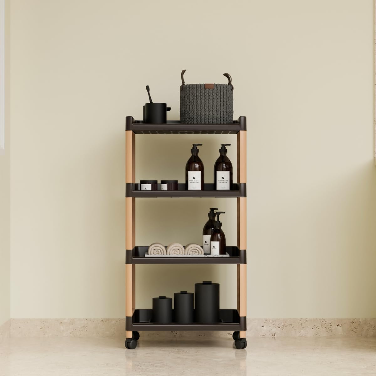 Trolley Rack for Kitchen, Office and Bathroom, Storage Organizer and Kitchen Storage Cart, Multipurpose Floor Mount Corner Rack with Wheel, Storage Rack for Kitchen (4 Layer, Ivory and Brown)-image-2