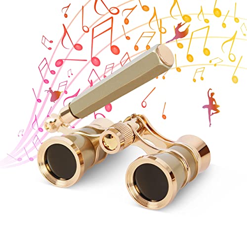 Aomekie Opera Glasses Binoculars 3X25 Theater Glasses Mini Binocular Compact with Handle for Adults Kids Women in Musical Concert（Gold）