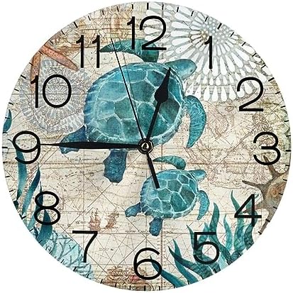 Turtle Wall Clock Vintage Beach Theme Retro Nautical Sea Starfish Round Battery Operated Decorative Silent Non Ticking Desk Clocks Easy to Read for Home Decor Living Room Kitchen Office