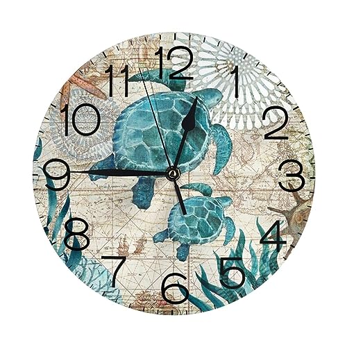 Turtle Wall Clock Vintage Beach Theme Retro Nautical Sea Starfish Round Battery Operated Decorative Silent Non Ticking Desk Clocks Easy To Read For Home Decor Living Room Kitchen Office #TOP26