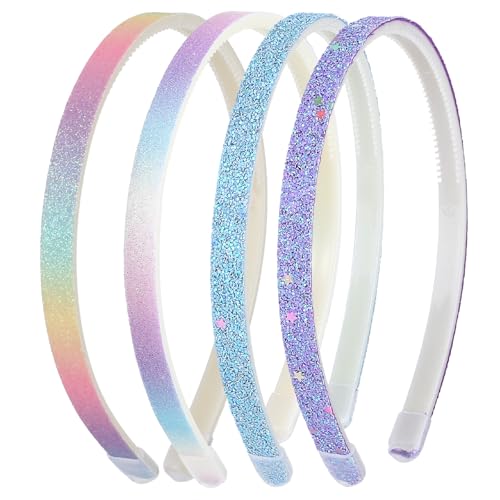 WLLHYF 4pcs Glitter Headband Plastic Sparkly Cute Non Slip Chunky Hairbands, Thick Bling Confetti Rainbow Hair Bands with Teeth, Little Girls Colorful Hair Accessories