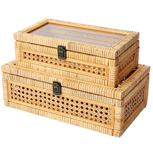 DECOR4SEASON Rattan and Cane Display Boxes with Glass Lid - Set of 2 Stackable Storage Organizers with Snag-Free Solid Wood Base - Boho Rustic Farmhouse Decor for Jewelry, Remotes, and Keepsakes by DECOR4SEASON - Used condition - Image 2