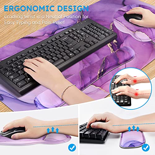 Icasso Desk Mat, Gaming Mouse Pad Wrist Support Set,4In1 Xxl Large Mousepad + Keyboard Wrist Rest+Mouse Wrist Rest+Coaster Set With Ergonomic Design For Home Office Table Computer-Purple Marble #TOP2