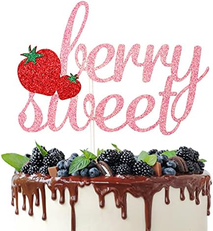 Berry Sweet Cake Topper, Strawberry Theme Birthday Baby Shower Party Decorations, Sweet One, Two Sweet, Sweet Fruit Birthday Cake Decor, Pink Glitter