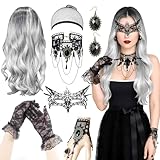 Photo Gallery joytix®set parrucca donna halloween 7 pezzi - parrucca lunga grigia ondulata con collare di pizzo, orecchini, guanti, maschera - costume gotico per festa in maschera, vampiro, strega Photo Gallery joytix®set parrucca donna halloween 7 pezzi - parrucca lunga grigia ondulata con collare di pizzo, orecchini, guanti, maschera - costume gotico per festa in maschera, vampiro, strega