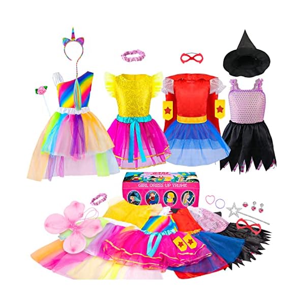 Jeowoqao girls dress up trunk princess set, 24 pcs pretend play costume set, fairytale, supergirl, princess, rainbow unicorn costume for toddler/little girls ages 3-5yrs