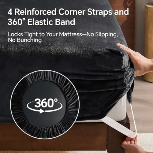 Image of BEDELITE Flannel King Fitted Sheet & Pillowcases Set, Black, 3 Pieces | Ultra Soft Plush Fleece Bed Sheet with Elastic Corner Straps, 16 Inch Deep Pocket, Fuzzy All-Season Gift & Room Decor