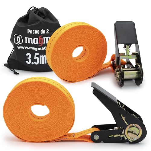 MAGMA 2 Cinghie con Cricchetto 3,5m | Cinghia Fissaggio Portapacchi e Rimorchi | Cinghie di Carico Regolabili per Kayak, Tavola da Surf, Canoa, Bici, Moto | Carico di Rottura: 1600kgf/pz | Arancione