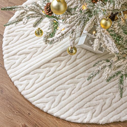Faux Fur Christmas Tree Skirt: 36 Inch Soft White Plush Fluffy Rustic Christmas Tree Skirts with Cable Knit Textured Pattern, Boho Style Christmas Tree Cover Beige Xmas Decorations for Home Indoor