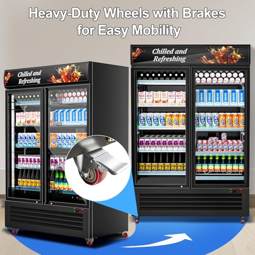 Image of Tylza Commercial Refrigerator, Double Glass Door Display Beverage Fridge, 26.49 Cu Ft Upright Beverage Cooler Merchandiser with Replaceable Advertising Light Board, Rebound Door, Fast Cooling, Black