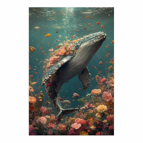 Toile baleine fleurs bleues 70x100cm affiche d'art moderne au rendu pictural haut de gamme