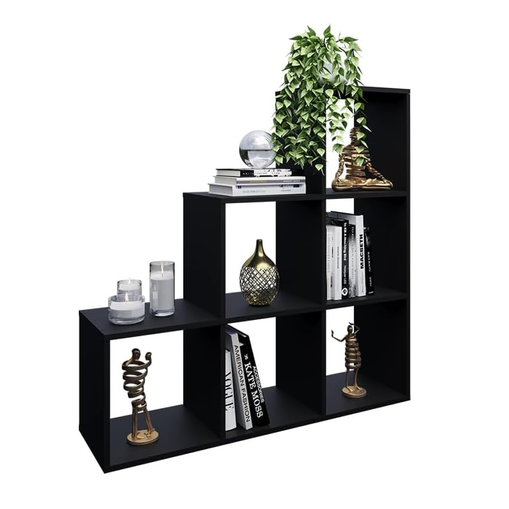 Libreria a Scala Modulare 6 Vani 115x30x115 cm – Design a Gradini – MDF Bianco o Nero – Scaffale Soggiorno Studio Ufficio Camera – Organizer Libri Oggetti Decorativi (Nero)