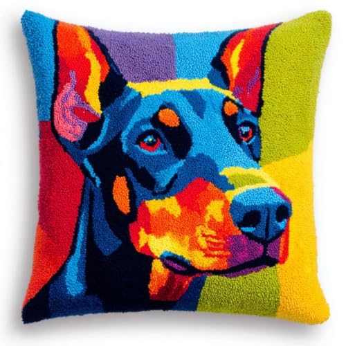 Kit de gancho de pestillo para tejer un cojín de Doberman impreso de 43x43cm