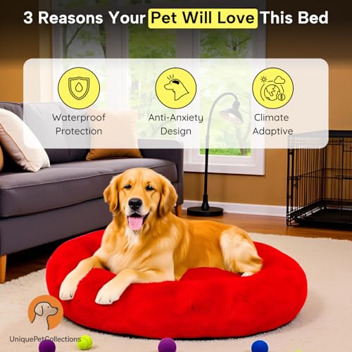 Image of Fabric Fluffy Washable Waterproof Dog Bed For Summer | Large Size Round Pet Bed For Golden Retriever, Labrador, Pug, Beagle | Anti-Skid, Soft & Cozy For All Breeds (Red, XXL)