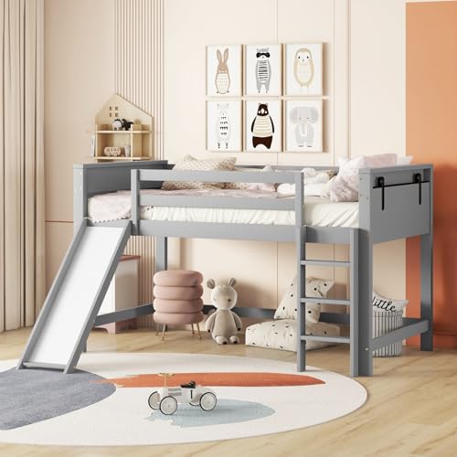 UIYIHIF Litera tipo loft de 90 x 200 cm, cama alta para niños, equipada con tobogán, marco de cama de madera, marco de cama individual para niños y adolescentes, sin colchón, color gris