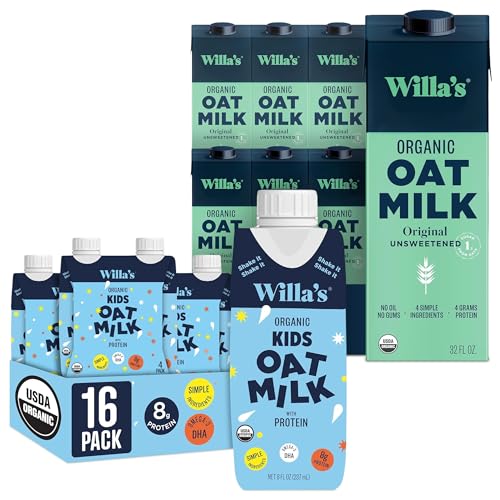 Willa's Organic Oat Milk - Unsweetened Original Oatmilk, 32 oz, Pack of 6 & Kid's Oat Milk, 8.25 fl oz, Pack 16