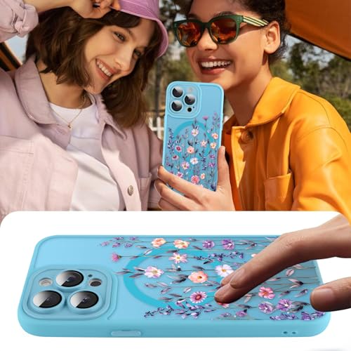 Coque MagSafe iPhone 13 Pro fleurie bleu clair antichoc